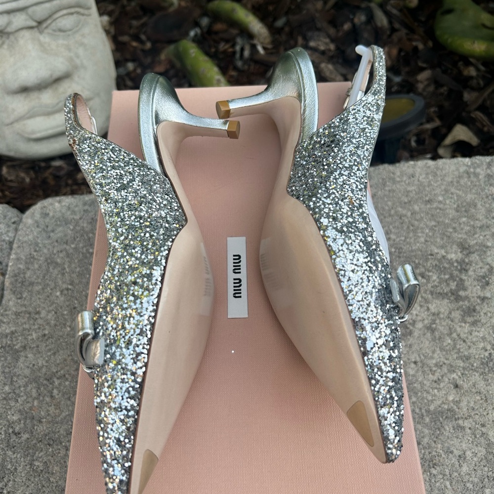 Miu Miu Slingback Silver Glitter Heels Size 37 - Picture 3 of 9